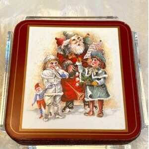 Pimpernal Father Christmas Coaster Set of 6 Cork Back Santa England Vtg & Holder